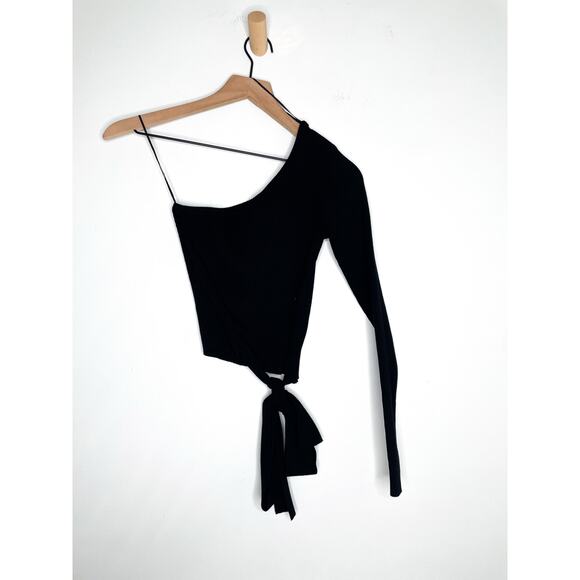 Zara Black Ribbed Knit One Sleeve Crop Top Medium Tie Side Balletcore - Picture 8 of 10